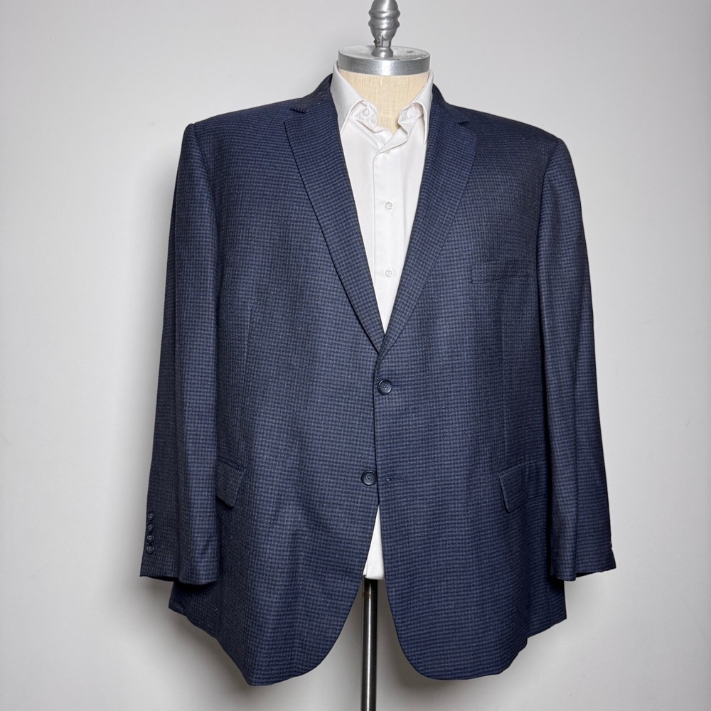 Pronto‎ Uomo Platinum Blazer Mens 56R Navy Blue Micro-Check 100% Wool Two-Button